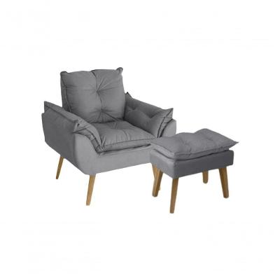 Poltrona Cadeira Decorativa E Puff Glamour Com Pés Quadrado Cinza