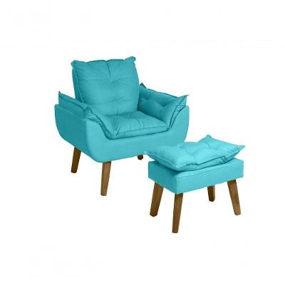 Poltrona Cadeira Decorativa E Puff Glamour Com Pés Quadrado Azul Turquesa