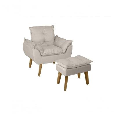 Poltrona Cadeira Decorativa E Puff Glamour Com Pés Quadrado Bege