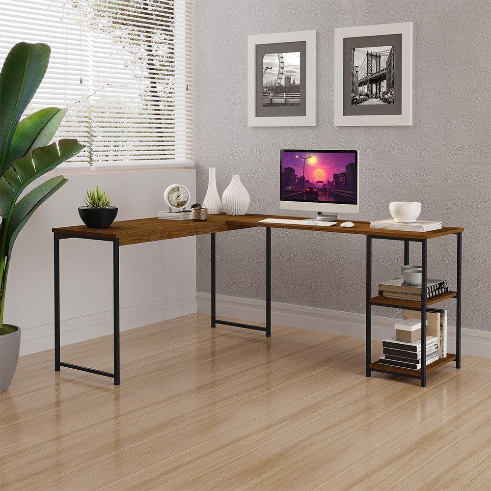 Mesa Em L Office Em Mdf Estilo Insdustrial Klm Store Imbuia/ Preto - 1
