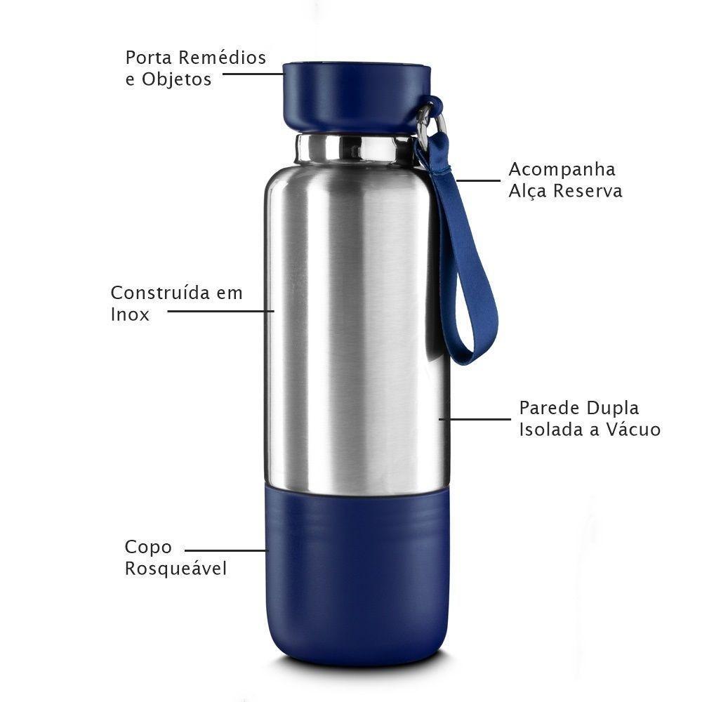 Garrafa Em Inox Parede Dupla 500ml Com Copo E Porta Objetos Azul - 3