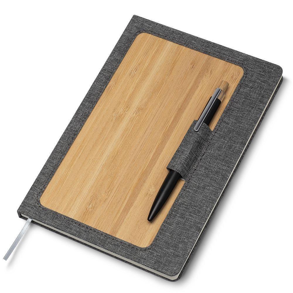 Caderno Com Capa Dura Em Bambu Com Suporte De Caneta Cinza - 3