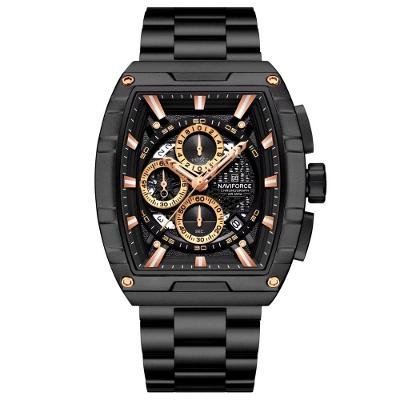 Relógio De Quartzo Masculino Moda Tonneau Aço Inoxidável À Prova Da Água Preto Rosa
