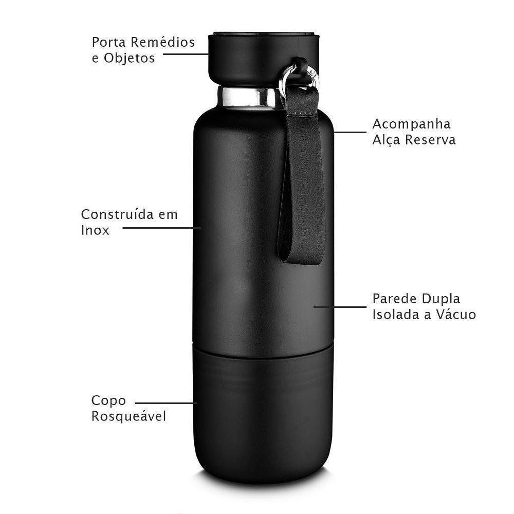 Garrafa Em Inox Porta Comprimidos Parede Dupla 500ml Com Copo Preta - 2