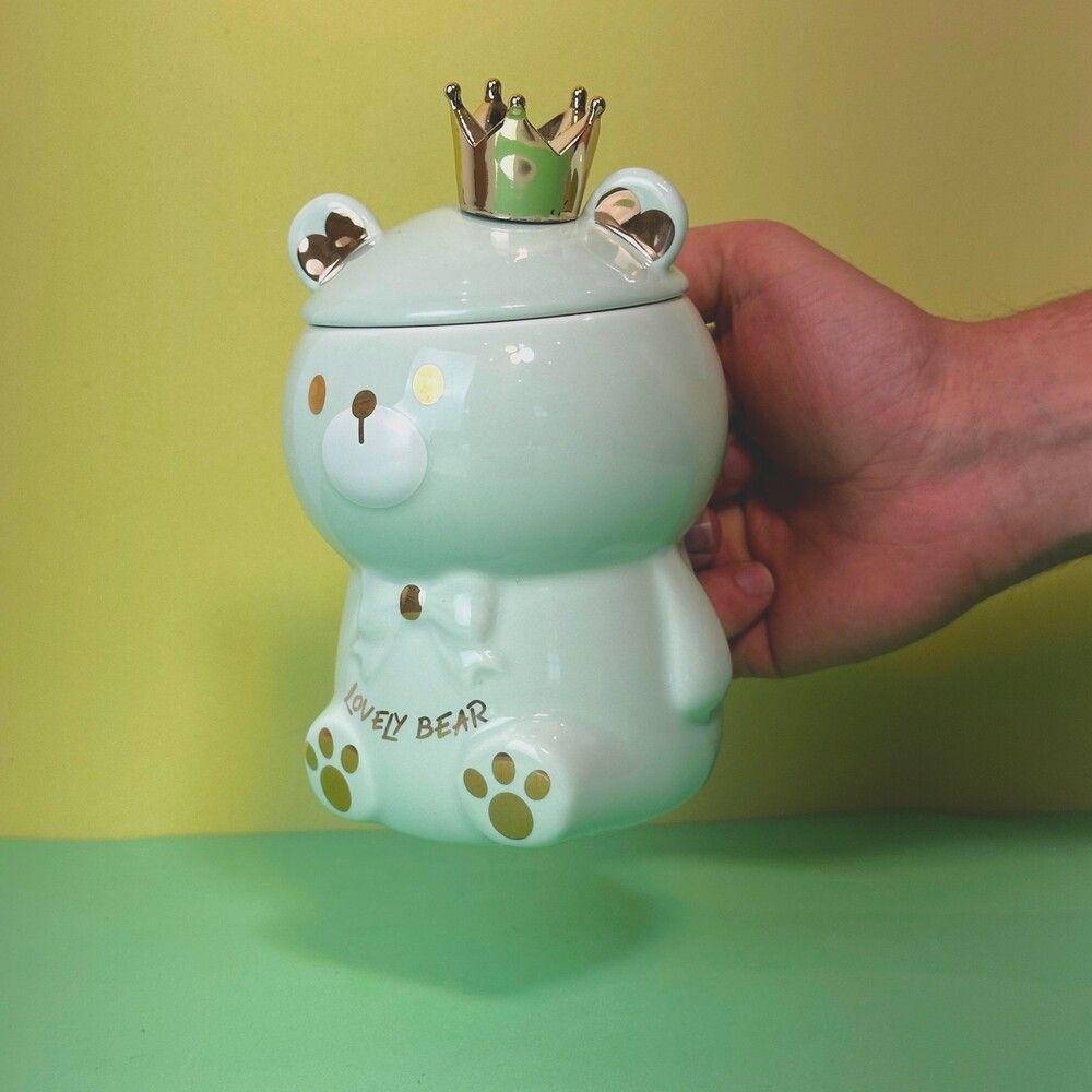 Caneca De Porcelana 3d Com Tampa E Colher - Ursinho Verde, Charmosa E Funcional - 2