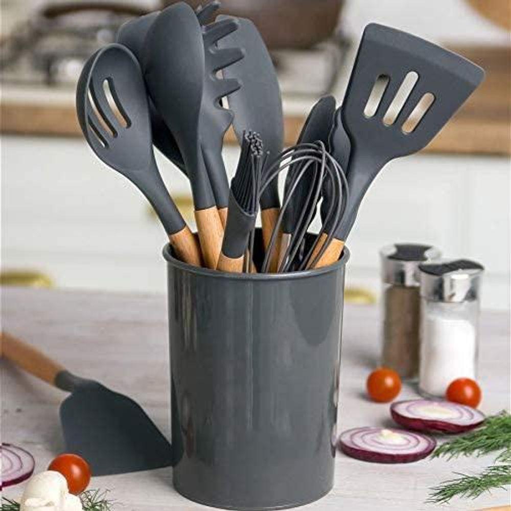 Kit De Utensílios Cozinha Em Silicone E Bambu 12 Peças Preto - 3