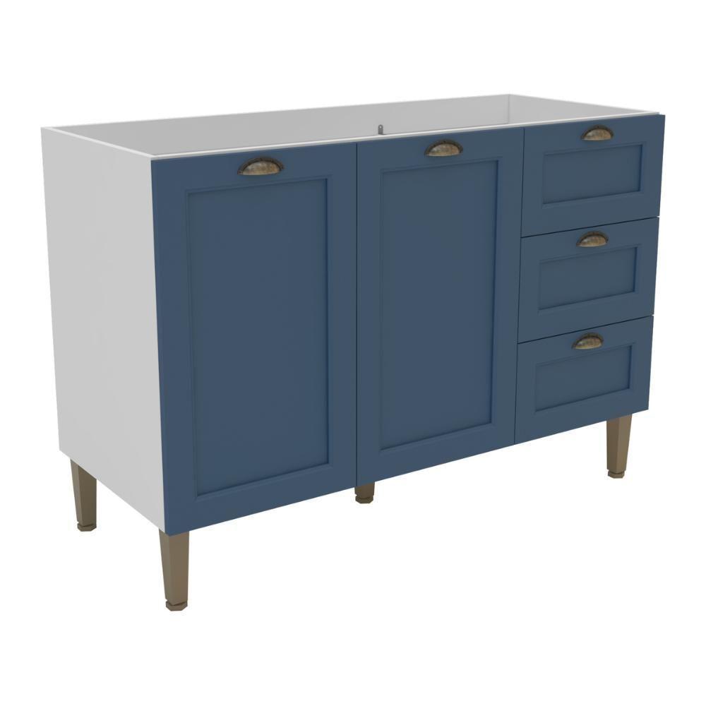 Balcão Cozinha Americana Para Pia 120cm 2 Portas 3 Gavetas Sem Tampo Multimóveis Cr20486 Branco-Azul - 1