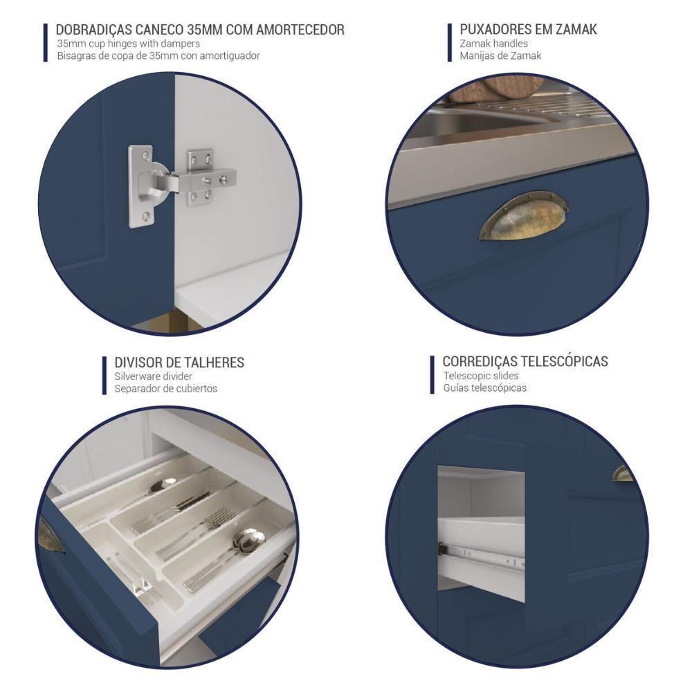 Balcão Cozinha Americana Para Pia 120cm 2 Portas 3 Gavetas Sem Tampo Multimóveis Cr20486 Branco-Azul - 2