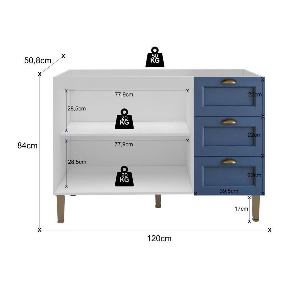 Balcão Cozinha Americana Para Pia 120cm 2 Portas 3 Gavetas Sem Tampo Multimóveis Cr20486 Branco-Azul - 3