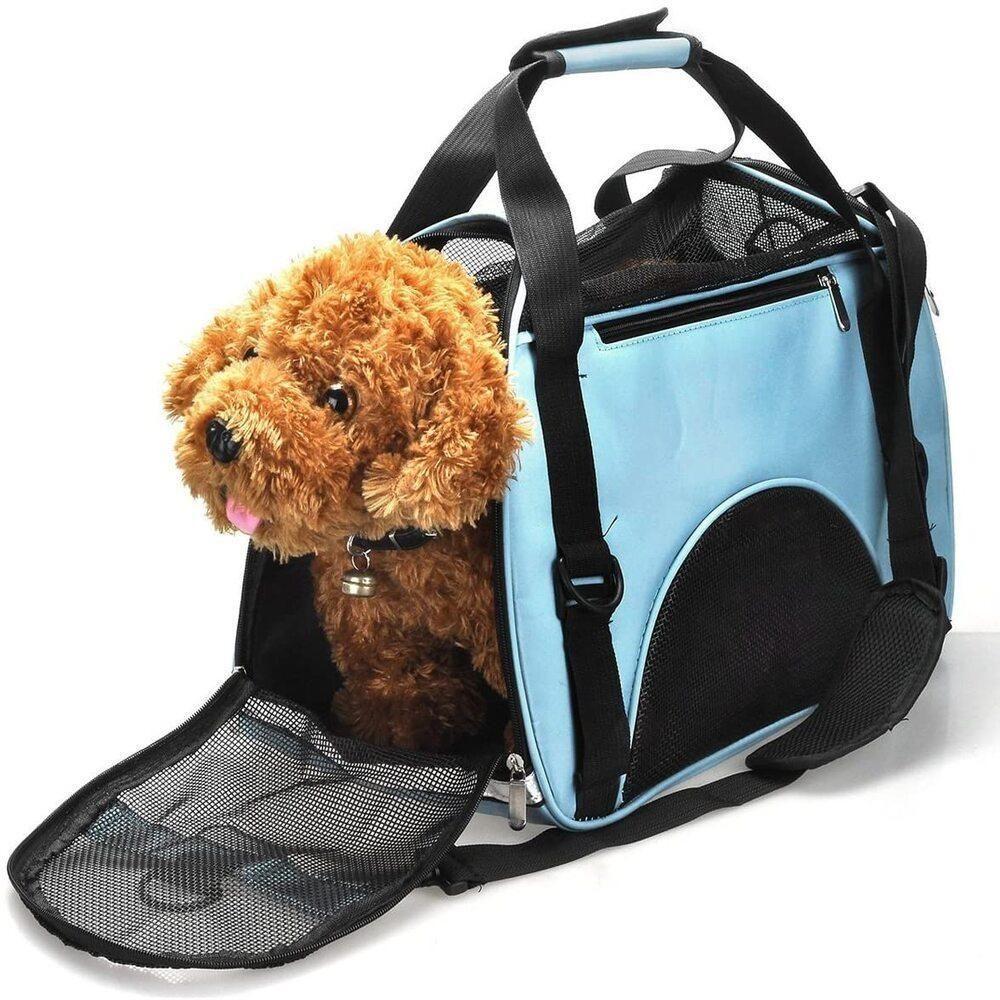 Mochila Pet Cachorro Bolsa Transporte Gato Canguru Cães Mala Dobrável Viagem Avião Carro Azul - 5
