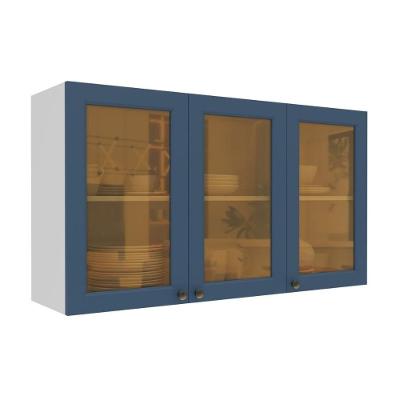 Armário De Cozinha Americana Aéreo 120cm 3 Portas Com Vidros Multimóveis Cr20488 Branco-Azul