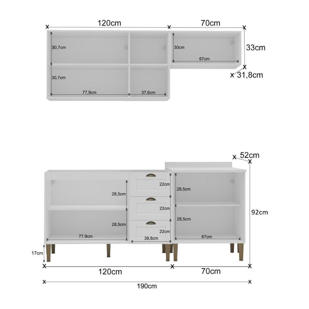 Armário Cozinha Americana Modulada Compacta 190cm Com Balcão Para Pia Multimóveis Cr20494 Branco - 4