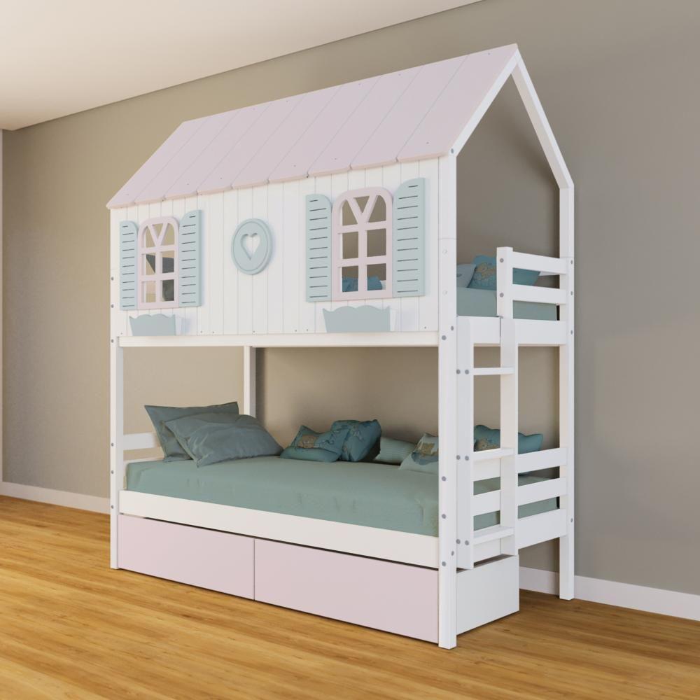 Beliche Casinha Bela Com Coração 2 Gavetas Rosa Madeira Maciça Branco/rosa/verde Housin - 1