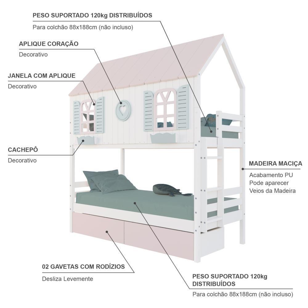 Beliche Casinha Bela Com Coração 2 Gavetas Rosa Madeira Maciça Branco/rosa/verde Housin - 4