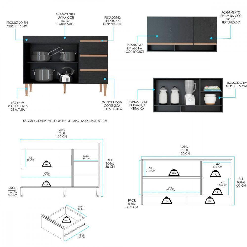 Armário De Cozinha Com Torre Quente Forno Micro Menu Móveis Preto - 4