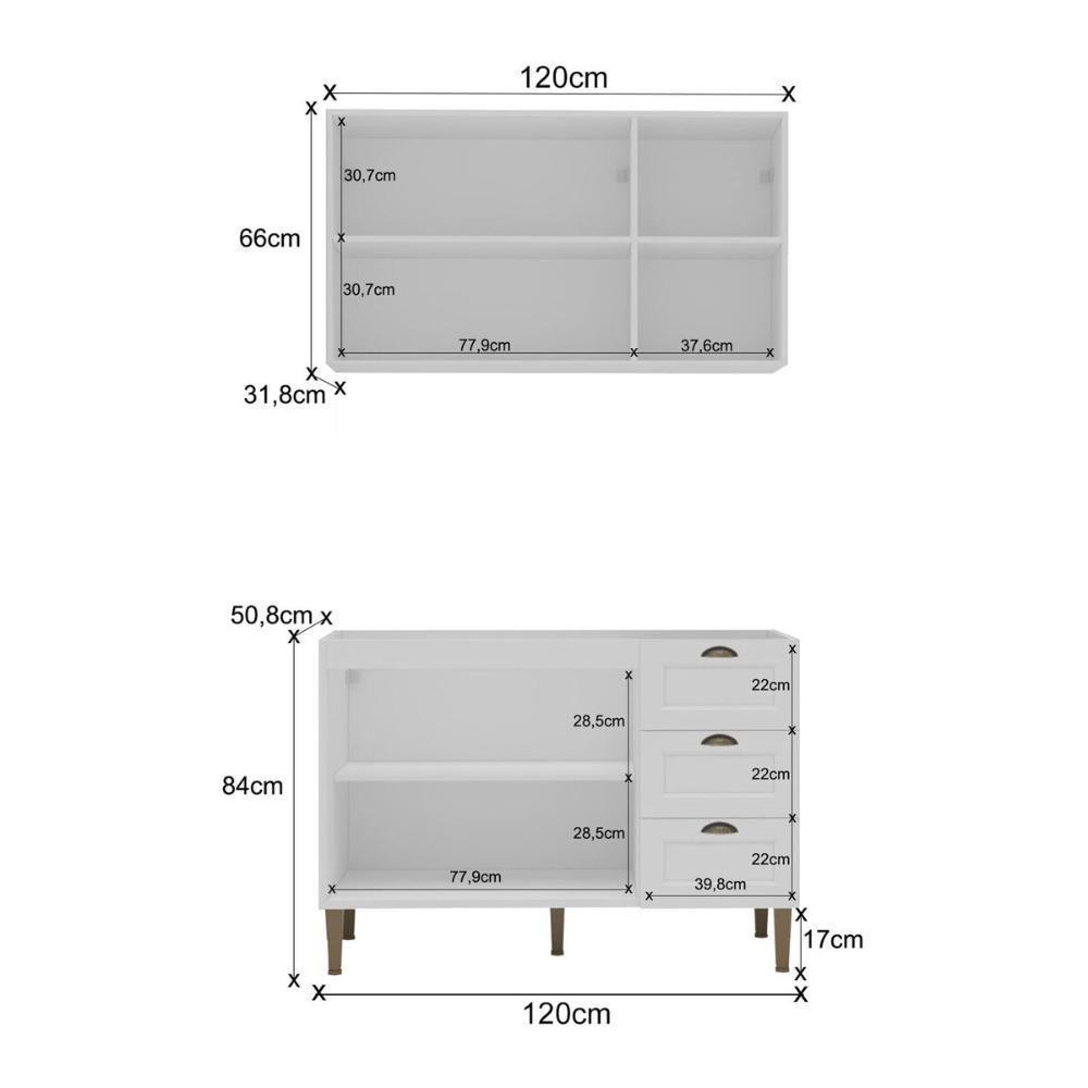 Armário De Cozinha Americana Modulada 120cm Com Balcão Para Pia Multimóveis Cr20492 Branco - 3