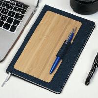 Caderno Com Capa Dura Em Bambu Com Suporte De Caneta Azul - 1