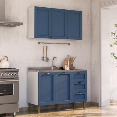 Armário De Cozinha Americana Modulada 120cm Com Balcão Para Pia Multimóveis Cr20492 Branco-Azul