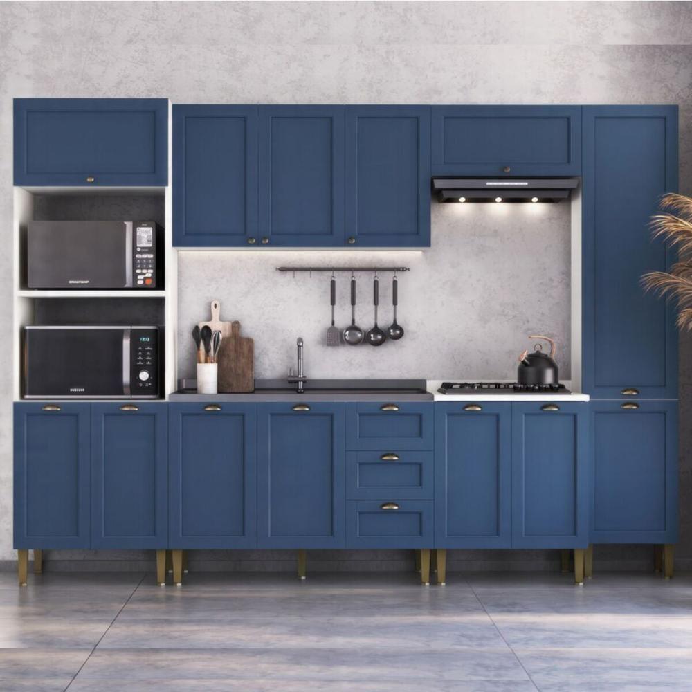 Armário Cozinha Americana Modulada Completa 305cm Com Balcão Multimóveis Cr20496 Branco-Azul - 1
