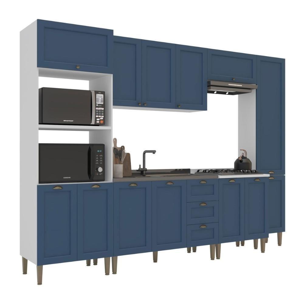Armário Cozinha Americana Modulada Completa 305cm Com Balcão Multimóveis Cr20496 Branco-Azul - 2
