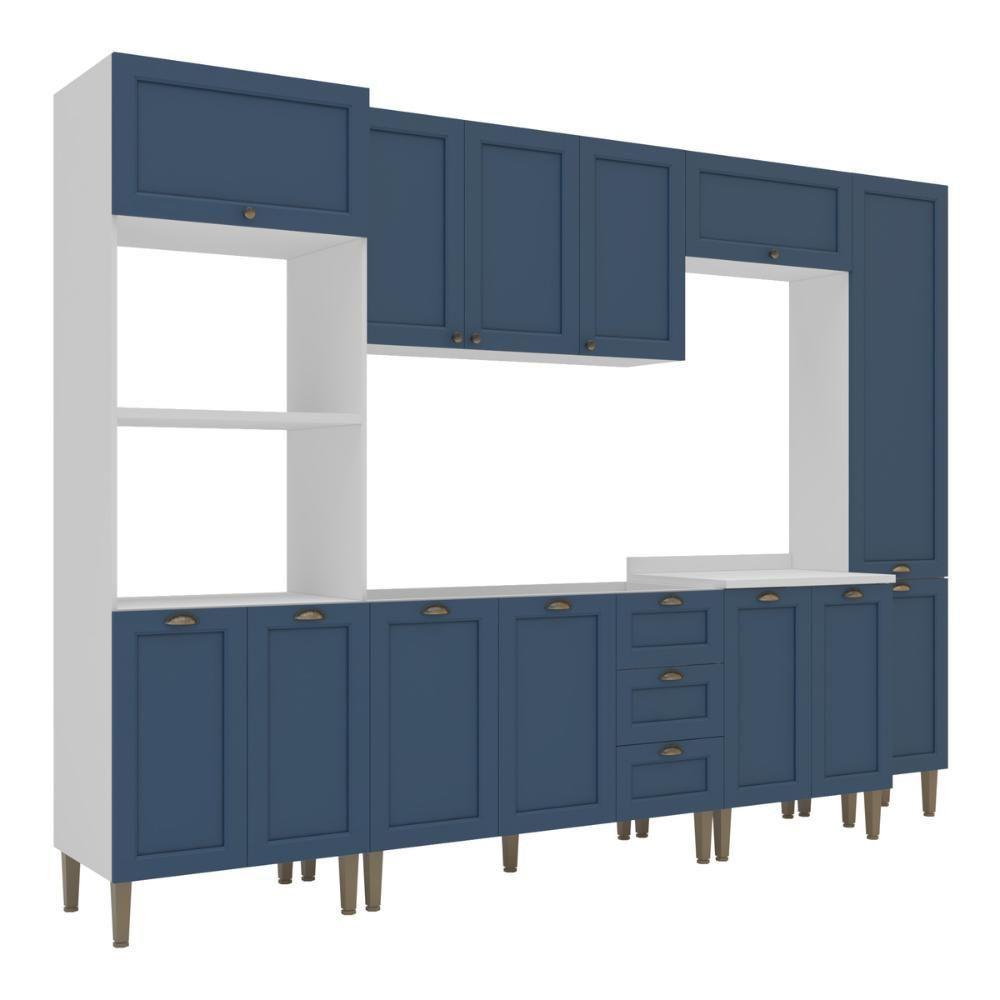 Armário Cozinha Americana Modulada Completa 305cm Com Balcão Multimóveis Cr20496 Branco-Azul - 6
