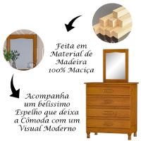 Cômoda 4 Gavetas Com Espelho 100% Madeira Maciça Dana Imbuia Brilho