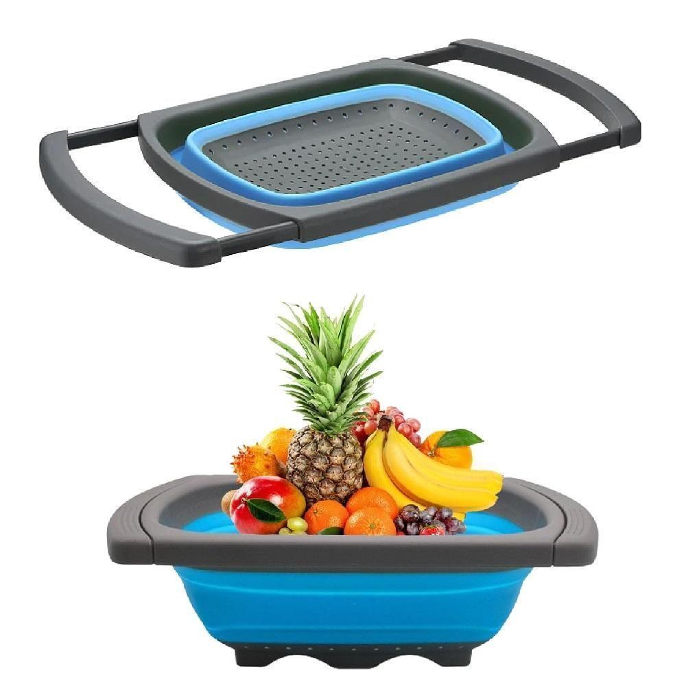 Escorredor Pia Silicone Retrátil Alça Ajustável Massas Macarrão Legumes Frutas Grande Azul - 1