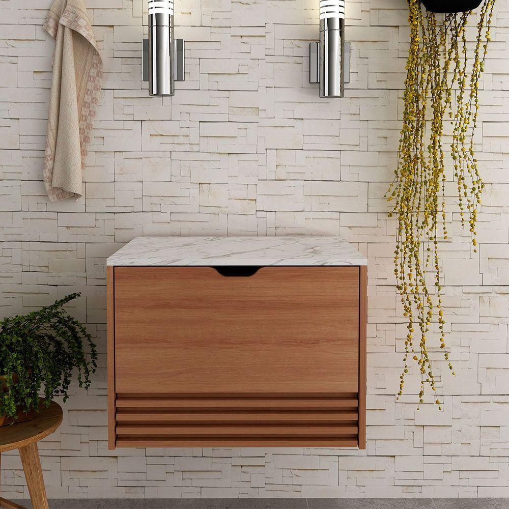 Gabinete De Banheiro 60 Cm 1 Porta 1 Gaveta Sâmia Amêndoa/mármore Branco - 3