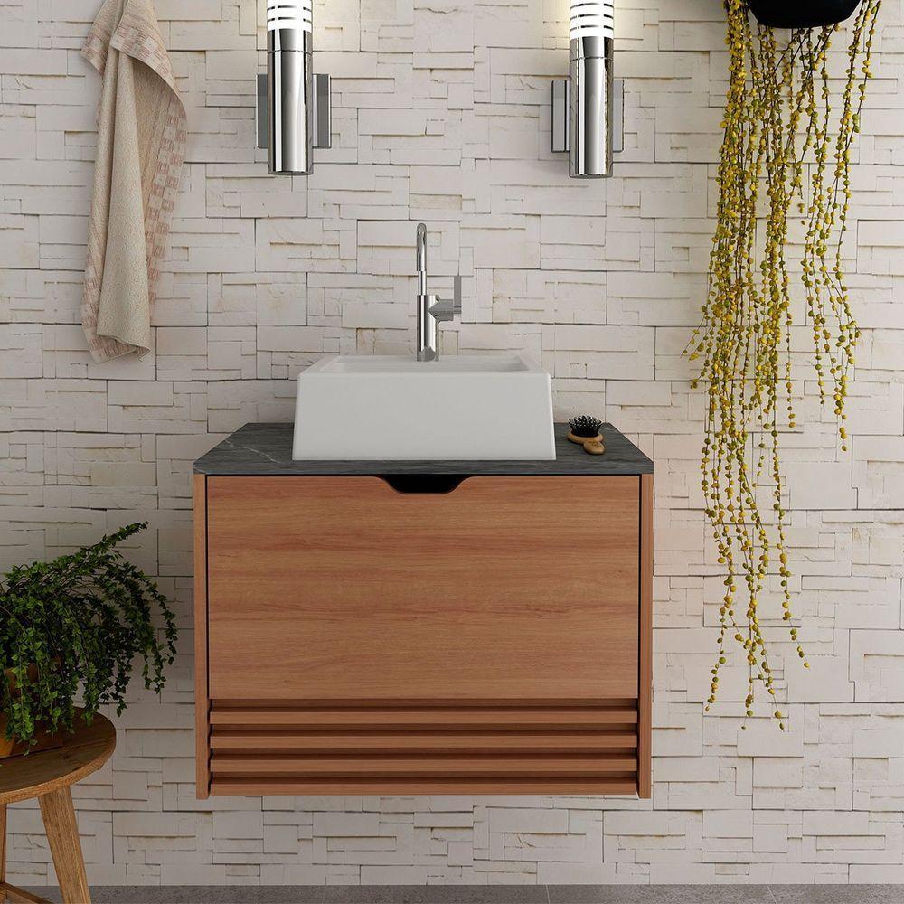 Gabinete De Banheiro 60 Cm 1 Porta Com Cuba Sâmia Amêndoa/mármore Lunar - 3