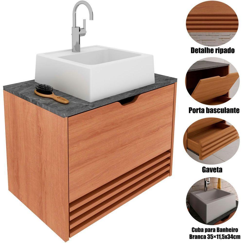 Gabinete De Banheiro 60 Cm 1 Porta Com Cuba Sâmia Amêndoa/mármore Lunar - 4