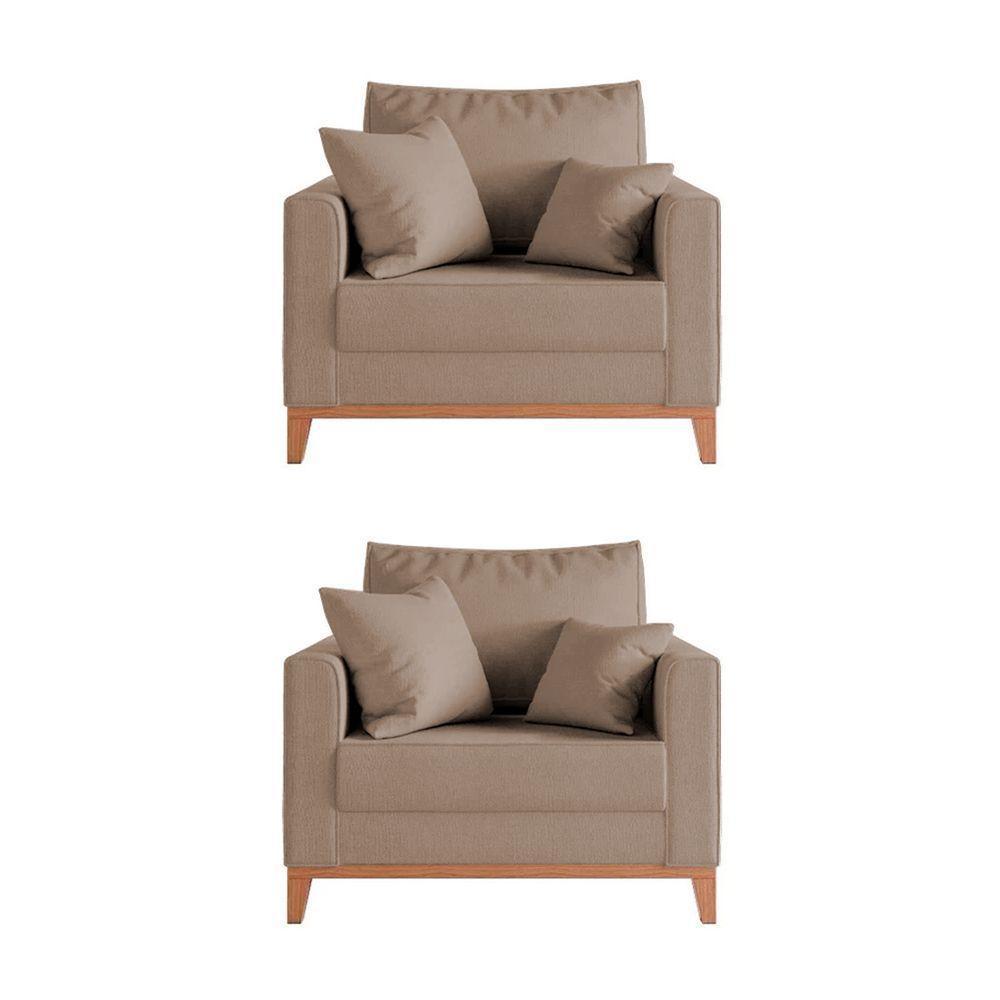 Kit 2 Poltronas Beny Decorativa Com 2 Almofadas Veludo Bege Base Em Madeira Maciça - 1