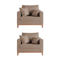 Kit 2 Poltronas Beny Decorativa Com 2 Almofadas Veludo Bege Base Em Madeira Maciça - 1