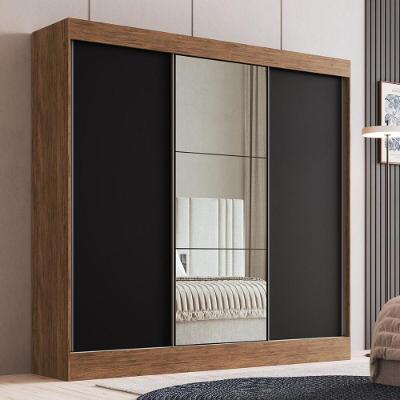Guarda-roupa Casal Com Espelhos 3 Portas De Correr 4 Gavetas Multimóveis Cr35385 Castanho-Preto