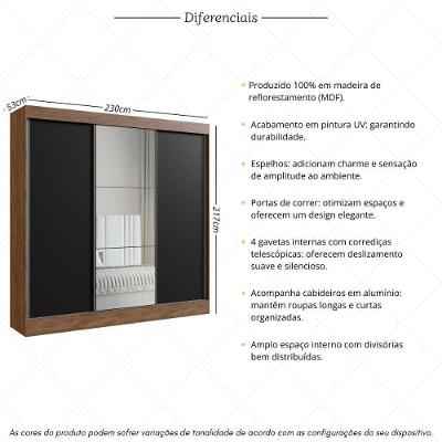 Guarda Roupa Casal CR35385 3 Portas de Correr 4 Gavetas Castanho-Preto MDF