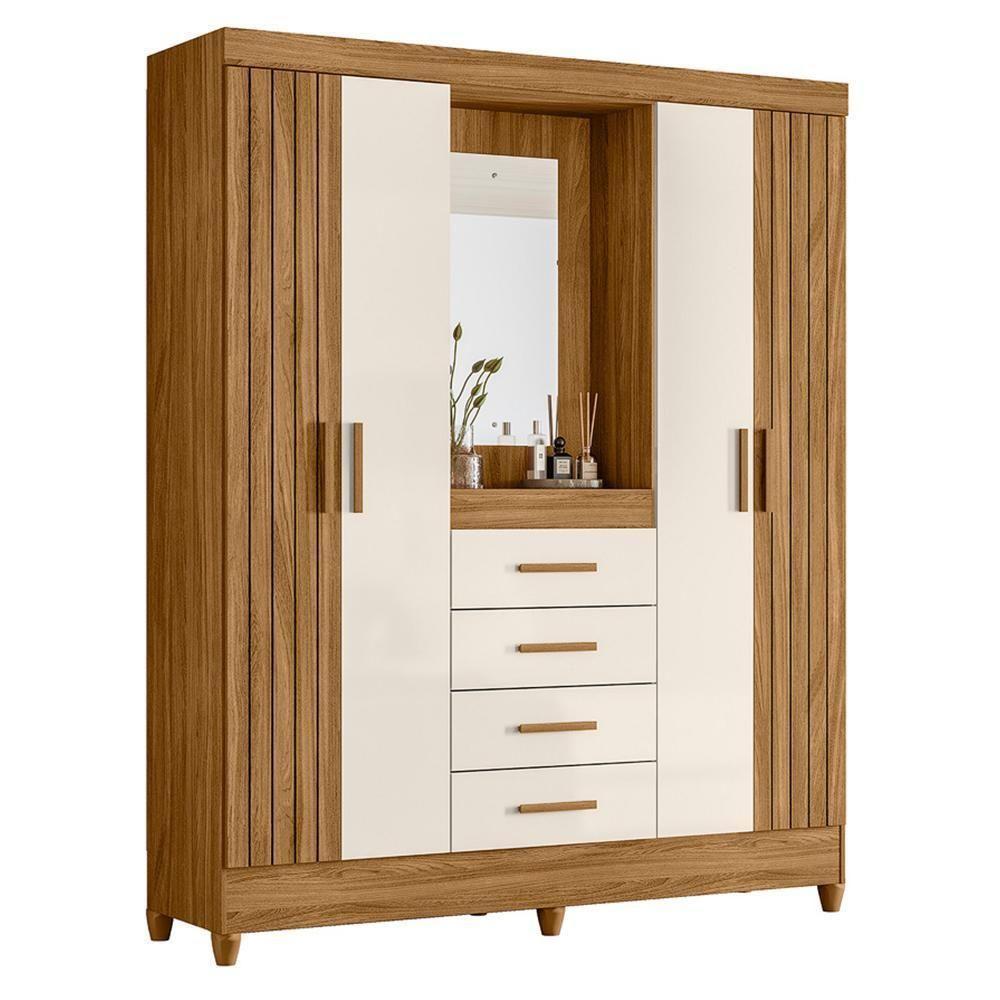 Guarda Roupa Solteiro Atenas 4 Portas E 4 Gavetas Freijó-off White Com Espelho - Moval Freijó-off White - 1