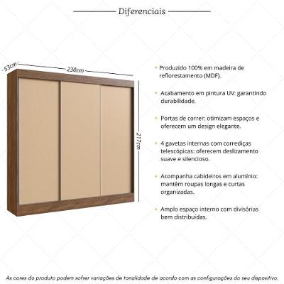 Guarda Roupa Casal CR35384 3 Portas de Correr 4 Gavetas Castanho-Nude MDF