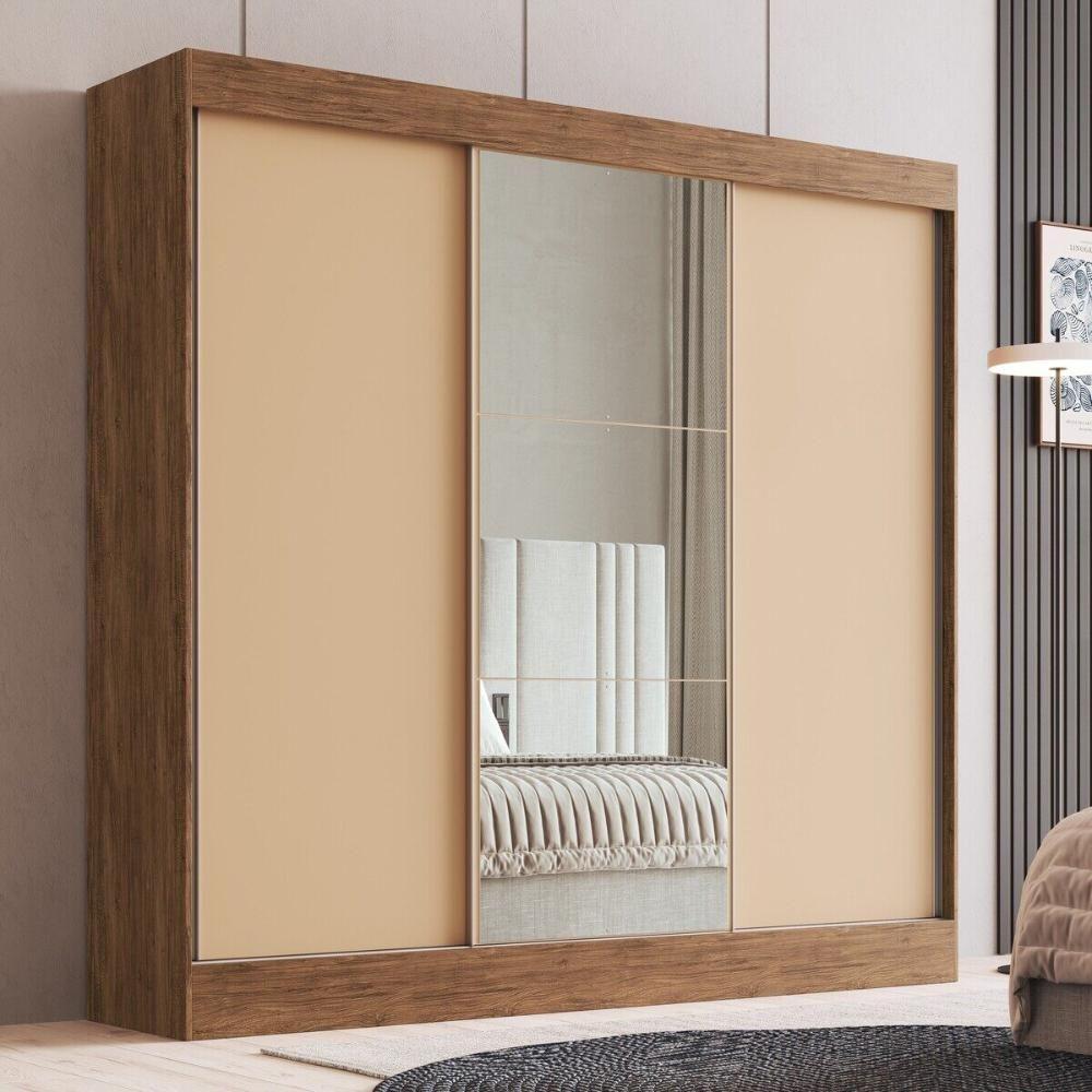 Guarda-roupa Casal Com Espelhos 3 Portas De Correr 4 Gavetas Multimóveis Cr35385 Castanho-Nude - 1