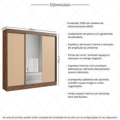 Guarda Roupa Casal CR35385 3 Portas de Correr 4 Gavetas Castanho-Nude MDF