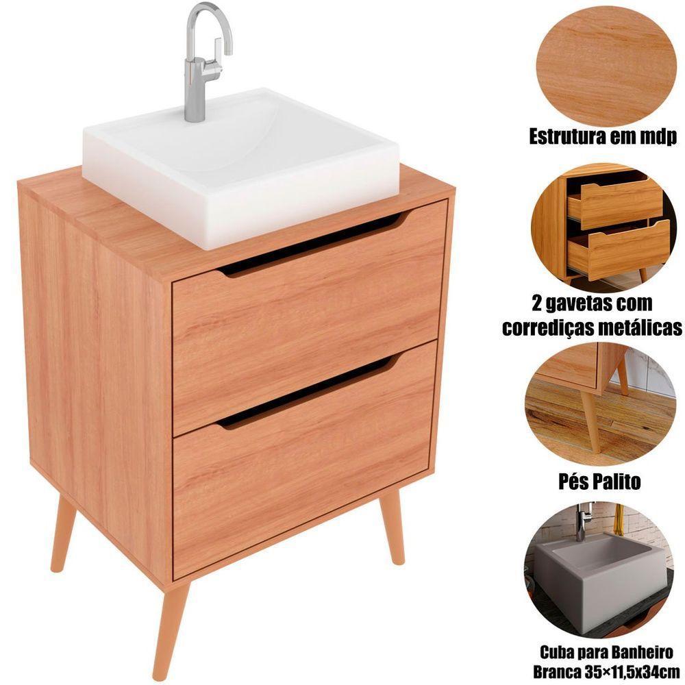 Gabinete Para Banheiro 60 Cm 2 Gavetas Com Cuba Robin Amêndoa - 2