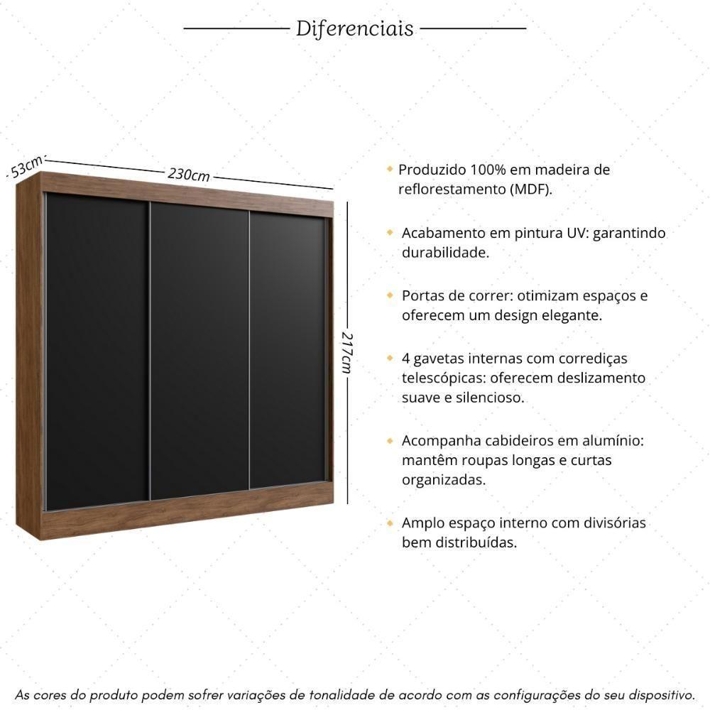 Guarda-roupa Casal 3 Portas De Correr 4 Gavetas Multimóveis Cr35384 Castanho-Preto - 3