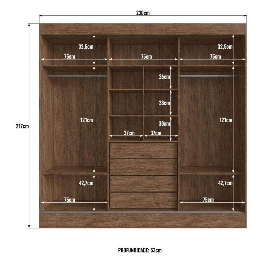 Guarda-roupa Casal 3 Portas De Correr 4 Gavetas Multimóveis Cr35384 Castanho-Preto - 4