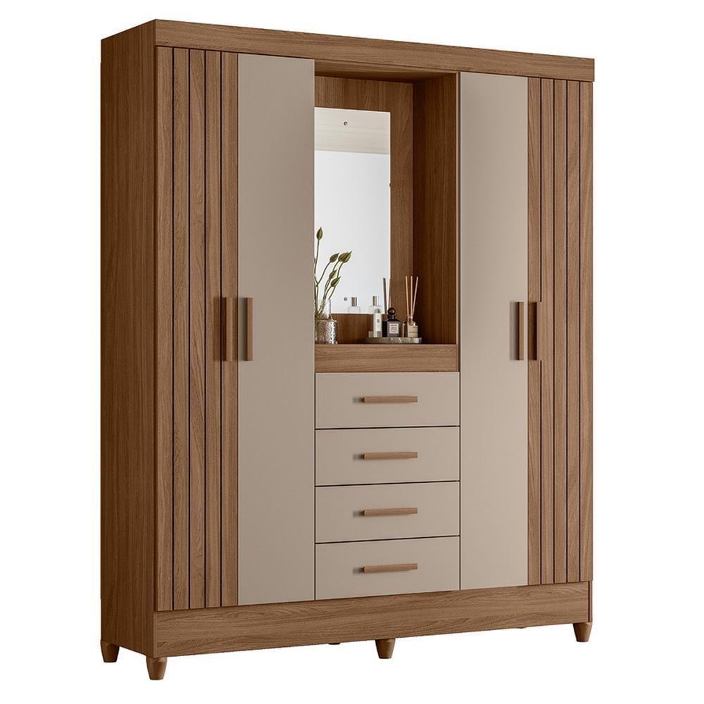 Guarda Roupa Solteiro Atenas 4 Portas E 4 Gavetas Carvalho-fendi Com Espelho - Moval Carvalho-fendi - 1