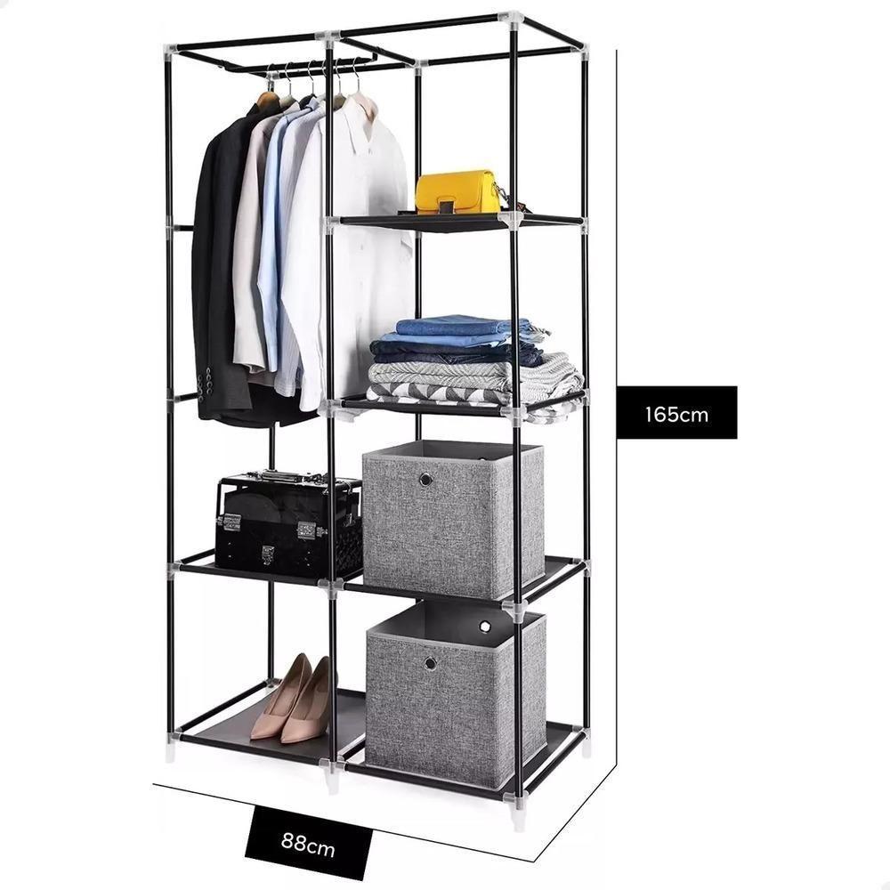 Guarda Roupa Duplo Portatil Cabideiro Arara Roupas 5 Prateleiras Armario Dobravel Organizador Preto - 6