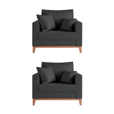 Kit 2 Poltronas Beny Decorativa Com 2 Almofadas Veludo Cinza Base Em Madeira Maciça