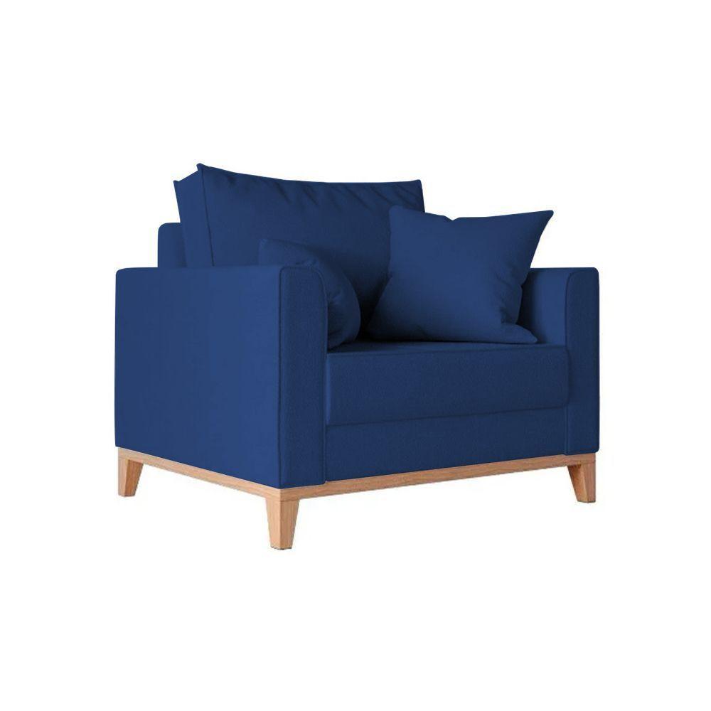 Kit 2 Poltronas Beny Para Recepção Com 2 Almofadas Veludo Azul Base Em Madeira Maciça - 3