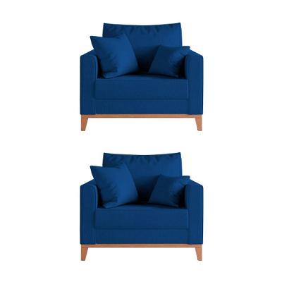 Kit 2 Poltronas Beny Para Recepção Com 2 Almofadas Veludo Azul Base Em Madeira Maciça