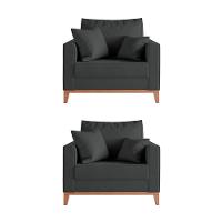 Kit 2 Poltronas Beny Para Recepção Com 2 Almofadas Veludo Cinza Base Em Madeira Maciça - 1