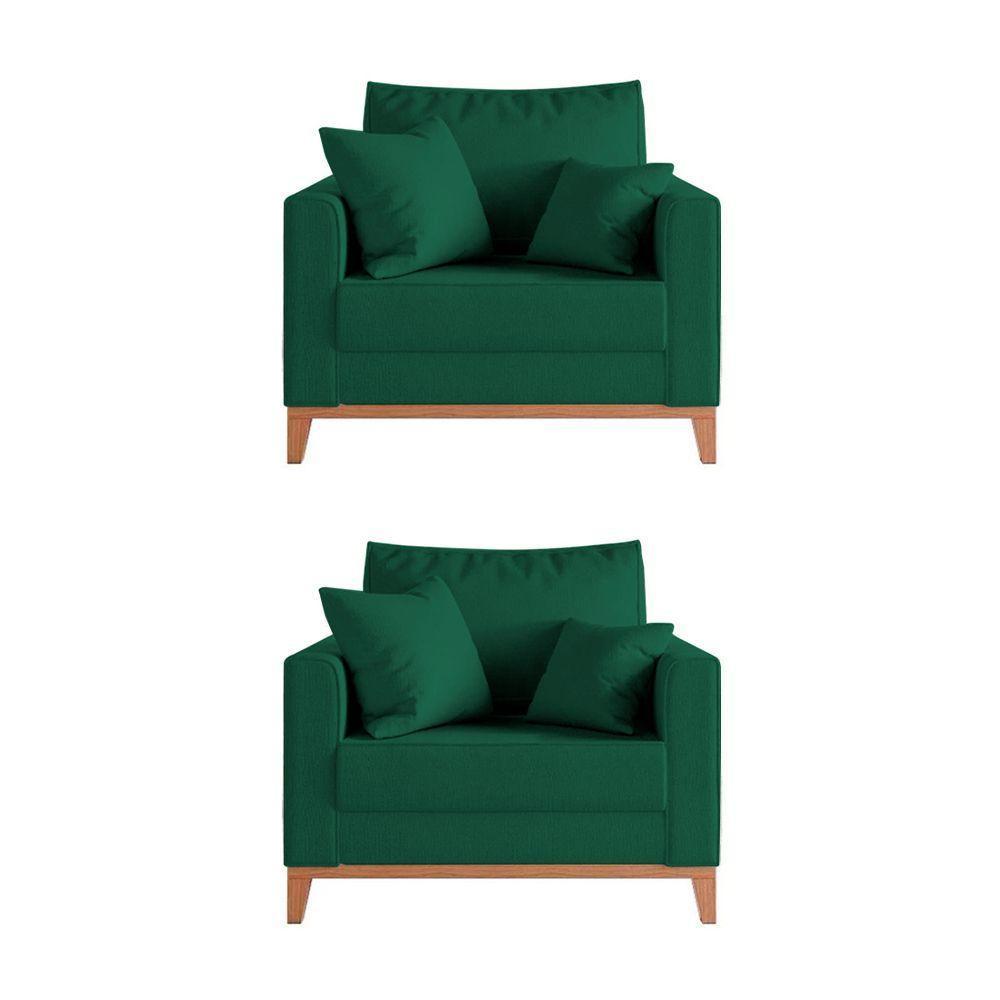 Kit 2 Poltronas Beny Decorativa Com 2 Almofadas Veludo Verde Base Em Madeira Maciça - 1
