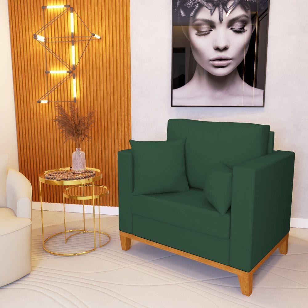 Kit 2 Poltronas Beny Decorativa Com 2 Almofadas Veludo Verde Base Em Madeira Maciça - 2