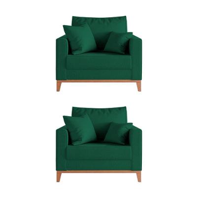 Kit 2 Poltronas Beny Decorativa Com 2 Almofadas Veludo Verde Base Em Madeira Maciça